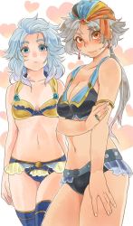 Rule 34 | 2girls, blue eyes, blush, breasts, cleavage, closed mouth, dissidia final fantasy, earrings, final fantasy, final fantasy ii, firion, genderswap, genderswap (mtf), jewelry, long hair, looking at viewer, multiple girls, navel, ring, simple background, thighhighs, warrior of light (ff1), white hair