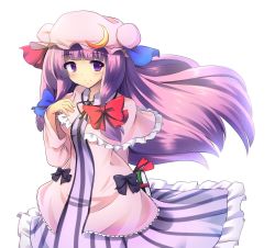 Rule 34 | 1girl, book, bow, breasts, capelet, crescent, dress, female focus, frills, hair ribbon, hat, highres, long hair, patchouli knowledge, purple eyes, purple hair, ribbon, small breasts, smile, snow (gi66gotyo), solo, striped clothes, striped dress, touhou, white background