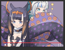 Rule 34 | + +, 2girls, absurdres, black hair, blue eyes, blue hair, breasts, commentary, crying, crying with eyes open, eating, english commentary, gawr gura, gawr gura (1st costume), hair ornament, highres, hololive, hololive english, livestream, long hair, mole, mole under eye, multiple girls, ninomae ina&#039;nis, ninomae ina&#039;nis (1st costume), purple eyes, simple background, small breasts, syhan, tears, tentacles, virtual youtuber