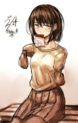 Rule 34 | 1girl, amputee, armless amputee, bench, blush, bob cut, brown eyes, brown hair, brown pantyhose, brown skirt, candy, chocolate, chocolate bar, crossed bangs, dated, double amputee, food, grey sweater, hair between eyes, highres, kotoba noriaki, looking at viewer, medium hair, mole, mole under eye, mouth hold, no arms, original, pantyhose, pleated skirt, signature, sitting, skirt, solo, sweater, tied sleeves
