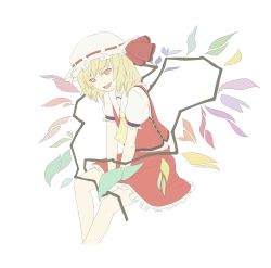 Rule 34 | 1girl, absurdres, ascot, blonde hair, flandre scarlet, highres, kawashina (momen silicon), looking at viewer, open mouth, red eyes, simple background, smile, solo, touhou, white background, wings