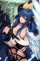 1girl absurdres angel_wings asymmetrical_wings bare_shoulders belt black_thighhighs blue_hair breasts cleavage closed_mouth collarbone detached_collar detached_sleeves dizzy_(guilty_gear) feathered_wings feathers guilty_gear guilty_gear_xrd hair_between_eyes hair_ribbon hair_rings highres jesse_schickler large_breasts long_hair red_eyes ribbon solo tail thigh_strap thighhighs thighs twintails wide_sleeves wings yellow_ribbon