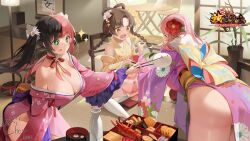 Rule 34 | 3girls, absurdres, ass, breasts, brown eyes, brown hair, choyeon, happy new year, highres, houchi shoujo, huge ass, japanese clothes, kimono, large breasts, multiple girls, new year, pink hair, star (symbol), star in eye, symbol in eye, yukata