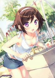 Rule 34 | 1girl, :d, absurdres, bare shoulders, bent over, blush, bob cut, breasts, brown hair, collarbone, day, denim, denim skirt, downblouse, drinking fountain, dutch angle, hairband, highres, kami nomi zo shiru sekai, kantoku, leaning forward, looking at viewer, midriff, no bra, open mouth, outdoors, purple eyes, short hair, skirt, small breasts, smile, solo, sweat, takahara ayumi, water