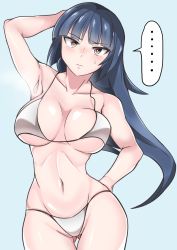Rule 34 | ..., 1girl, arm behind back, arm behind head, arm up, armpits, bikini, blush, breasts, cleavage, collarbone, commentary request, cowboy shot, creatures (company), embarrassed, game freak, grey bikini, hand on own hip, highres, large breasts, long hair, looking at viewer, navel, nintendo, pink eyes, pokemon, pokemon frlg, sabrina (pokemon), shiny skin, simple background, solo, speech bubble, spoken ellipsis, sumida kichi, sweatdrop, swimsuit, thigh gap