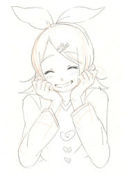 Rule 34 | 1girl, bad id, bad pixiv id, blush, head rest, closed eyes, face, hair ornament, hair ribbon, hairclip, kagamine rin, monochrome, open mouth, ribbon, short hair, sketch, smile, solo, ume (plumblossom), vocaloid