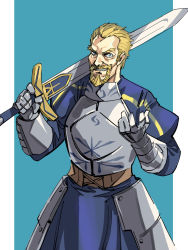 Rule 34 | 1boy, armor, armored dress, artoria pendragon (all), artoria pendragon (fate), askeladd, beard, blonde hair, blue background, blue dress, blue eyes, breastplate, cosplay, crossdressing, dress, excalibur (fate/stay night), facial hair, fate/stay night, fate (series), faulds, gauntlets, grin, highres, historical connection, holding, holding sword, holding weapon, juliet sleeves, long sleeves, looking at viewer, male focus, manly, over shoulder, puffy sleeves, ruukii drift, saber (fate), saber (fate) (cosplay), sanpaku, smile, solo, standing, sword, sword over shoulder, vinland saga, weapon, weapon over shoulder