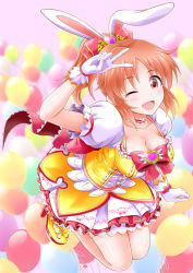 Rule 34 | 1girl, abe nana, animal ears, bow, breasts, brown hair, choker, cleavage, collarbone, eva 16-gouki, fake animal ears, full body, gloves, hair bow, idolmaster, idolmaster cinderella girls, large breasts, layered skirt, long hair, looking at viewer, medium breasts, miniskirt, one eye closed, open mouth, ponytail, rabbit ears, red bow, red eyes, red ribbon, ribbon, shiny skin, short sleeves, skirt, smile, solo, tears, v, white gloves, white sleeves