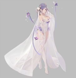 Rule 34 | 1girl, breasts, bridal veil, cleavage, elbow gloves, flower, full body, gloves, grey background, hair flower, hair ornament, large breasts, leotard, light purple hair, nineo, no shoes, original, purple eyes, see-through, sidelocks, simple background, solo, standing, thighhighs, veil, white gloves, white thighhighs