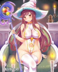 Rule 34 | 1girl, bare shoulders, blush, breasts, brown hair, candle, candlestand, cleavage, clothing cutout, covered erect nipples, fingerless gloves, gloves, hat, highleg, highleg leotard, impossible clothes, kawase seiki, large breasts, leotard, long hair, looking at viewer, nail polish, navel, navel cutout, official art, original, red eyes, sitting, skin tight, smile, solo, staff, thighhighs, thighs, very long hair, white gloves, white thighhighs, witch hat