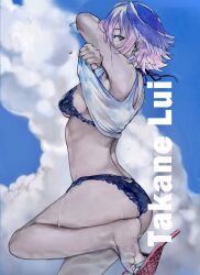 Rule 34 | 1girl, arms up, ass, bare shoulders, barefoot, between toes, bikini, bikini under clothes, blue bikini, blue sky, breasts, character name, cloud, cloudy sky, commentary, earrings, feet, flip-flops, foot out of frame, from side, grey eyes, hair between eyes, highres, holding with feet, hololive, jewelry, looking at viewer, medium breasts, medium hair, multicolored hair, nyami, outdoors, pink footwear, pink hair, sandals, shirt, sideboob, sky, soles, solo, standing, standing on one leg, streaked hair, swimsuit, takane lui, tank top, toe scrunch, toenails, toes, underboob, undressing, virtual youtuber, wet, wet clothes, wet shirt, white hair, white tank top