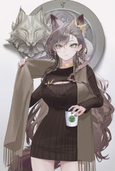 Rule 34 | absurdres, animal ears, arknights, black nails, braid, breasts, brown sweater, cleavage, cup, earrings, extra ears, feather pen113, grey hair, hair between eyes, hair ornament, highres, holding, holding cup, jewelry, large breasts, meme attire, mole, mole above eye, mole on forehead, penance (arknights), scarf, single braid, sweater, tail, virgin killer sweater, wolf ears, wolf girl, wolf tail, yellow eyes