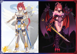 1girl armor before_and_after bikini_armor blue_eyes breast_tattoo claws corruption diver_(artist) dragon_claw dragon_girl dragon_horns dragon_tail dragon_tattoo facial_tattoo glowing heart heart_tattoo high_heels horns jabberwock_(monster_girl_encyclopedia) knight leg_tattoo loincloth looking_at_viewer monster_girl monster_girl_encyclopedia monster_girl_encyclopedia_ii monsterification pink_hair ponytail red_eyes red_hair revealing_clothes see-through_clothes sheath smile sword tail tattoo tongue tongue_out torn_wings transformation weapon wings