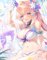 Rule 34 | 1girl, apple caramel, arm garter, arm up, bare shoulders, bikini, breasts, brooch, cleavage, detached collar, fins, flower, genshin impact, gloves, hair flower, hair ornament, has bad revision, head fins, highres, jewelry, large breasts, long hair, looking at viewer, navel, open mouth, pink hair, purple eyes, sangonomiya kokomi, sash, sitting, smile, solo, stomach, swimsuit, thick eyebrows, thighs, water, white bikini, white gloves
