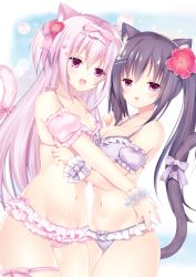 Rule 34 | 2girls, :d, animal ear fluff, animal ears, bare shoulders, bikini, blush, bow, breasts, brown hair, cat ears, cat girl, cat tail, cleavage, collarbone, commentary request, detached sleeves, dutch angle, fang, flower, frilled bikini, frills, groin, hair between eyes, hair bow, hair flower, hair ornament, hairclip, heart, heart hair ornament, himemiya niina, long hair, medium breasts, multiple girls, navel, open mouth, original, parted lips, pink bikini, pink bow, pink hair, puffy short sleeves, puffy sleeves, purple bikini, purple eyes, red flower, short sleeves, smile, star (symbol), star hair ornament, swimsuit, tail, tail raised, twintails, very long hair, wrist cuffs