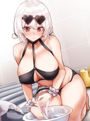 Rule 34 | 1girl, air mattress, alternate costume, azur lane, bathroom, bikini, black bikini, blush, breasts, choker, cleavage, cleavage cutout, closed mouth, clothing cutout, collarbone, commentary request, covered erect nipples, eyewear on head, frilled cuffs, hair between eyes, heart, heart-shaped eyewear, highres, indoors, kurenai hanpen, large breasts, looking down, lotion, lube, mat, mat play, navel, nuru massage, o-ring, o-ring top, oil, red eyes, seiza, short hair, short twintails, sidelocks, sirius (azur lane), sirius (scorching-hot seirios) (azur lane), sitting, smile, soapland, solo, stomach, sunglasses, swimsuit, thigh strap, tile wall, tiles, twintails, wet, white hair, wrist cuffs