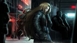 Rule 34 | 1girl, 3others, black gloves, black pants, black shirt, black vest, blue eyes, brown hair, game cg, gloves, highres, holding, holding walkie-talkie, holding weapon, limbus company, long hair, mole, mole under eye, multiple others, nai ga, official art, outdoors, pants, project moon, rodion (project moon), shirt, sidelocks, sitting, standing, vest, walkie-talkie, weapon
