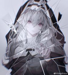 Rule 34 | 1girl, absurdres, arknights, black nails, broken glass, closed mouth, deadprince, expressionless, glass, grey hair, habit, hair between eyes, hand up, highres, long hair, long sleeves, looking at viewer, nail polish, pink eyes, puffy long sleeves, puffy sleeves, solo, specter (arknights), sweater, turtleneck, turtleneck sweater, upper body, white sweater