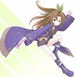 Rule 34 | 10s, 1girl, :o, arm up, belt, blush, boots, bow, brown hair, cellphone, choker, coat, collarbone, female focus, green eyes, gust, hair bow, hair ornament, if (neptunia), jacket, leaf, legs, long hair, long sleeves, looking back, midriff, navel, neptune (series), nippon ichi, open mouth, phone, sega, shorts, solo, trench coat, yatsuzuka spina