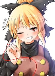 Rule 34 | 1girl, black bow, black shirt, blonde hair, bow, brown vest, buttons, flying sweatdrops, grin, hair bow, highres, kurodani yamame, long sleeves, looking at viewer, one eye closed, oshiaki, pinky out, red eyes, shirt, sidelocks, smile, solo, string, string around finger, string of fate, touhou, turtleneck, upper body, vest, white background