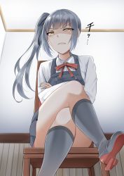 Rule 34 | 10s, 1girl, angry, asymmetrical hair, bad id, bad pixiv id, black dress, black ribbon, blunt bangs, chair, clenched teeth, collared shirt, commentary request, crossed arms, crossed legs, disgust, dress, feet, foreshortening, from below, furrowed brow, glaring, grey footwear, grey socks, hair ribbon, indoors, kaeru (ka=l), kantai collection, kasumi (kancolle), kasumi kai ni (kancolle), kneehighs, long hair, long sleeves, looking at viewer, looking down, parted lips, pinafore dress, red ribbon, ribbon, shaded face, shirt, shoe soles, shoes, side ponytail, sidelocks, silver hair, sitting, sleeveless, sleeveless dress, socks, solo, teeth, thighs, translated, tsurime, white shirt, wing collar, yellow eyes