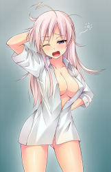Rule 34 | 1girl, ;o, arm up, blush, breasts, groin, hanna-justina marseille, kuragari, large breasts, long hair, messy hair, naked shirt, nipples, one eye closed, open mouth, pink hair, purple eyes, shirt, sleepy, solo, strike witches, tears, wink, world witches series