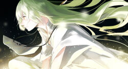 Rule 34 | 1other, black background, closed mouth, enkidu (fate), fate (series), floating clothes, floating hair, flower, from side, green hair, light particles, long hair, looking ahead, mizutame tori, rose, short sleeves, signature, smile, solo, white flower, white rose, yellow eyes