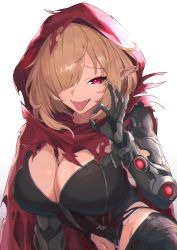 Rule 34 | 1girl, absurdres, black pants, blonde hair, breasts, bustier, cleavage, close-up, ear piercing, executive red hood arabelle, guardian tales, hair over one eye, heart, heart-shaped pupils, highres, large breasts, looking at viewer, mechanical arms, medium hair, mu 3no, navel, pants, piercing, pointy ears, red eyes, red hood, smirk, solo, swept bangs, symbol-shaped pupils, tongue, tongue out, tongue piercing, torn clothes, white background