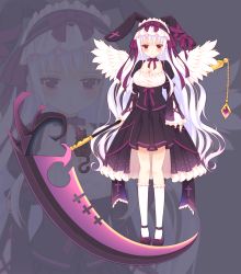Rule 34 | 1girl, animal ears, black dress, black footwear, black hairband, blush, bow, breasts, cleavage, commentary request, dress, fake animal ears, feathered wings, frilled dress, frilled hairband, frilled sleeves, frilled socks, frills, grey background, hairband, highres, holding, holding scythe, kneehighs, layered sleeves, long hair, long sleeves, medium breasts, original, pleated dress, puffy short sleeves, puffy sleeves, purple bow, rabbit ears, red eyes, sakurato ototo shizuku, scythe, shoes, short over long sleeves, short sleeves, silver hair, sleeves past wrists, socks, solo, striped clothes, striped hairband, very long hair, white socks, white wings, wide sleeves, wings