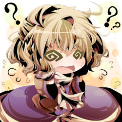 Rule 34 | 1girl, ?, @ @, bad id, bad pixiv id, blonde hair, blush, chibi, confused, doromizu, fang, female focus, hands on own head, mizuhashi parsee, open mouth, scarf, solo, touhou