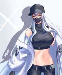 Rule 34 | 1girl, armband, bare shoulders, baseball cap, belt, black belt, black gloves, black hat, black mask, black pants, black shirt, blue archive, breasts, buckle, chest harness, coat, commentary request, commission, cosplay, covered collarbone, cowboy shot, crop top, drop shadow, fire emblem, fire emblem: radiant dawn, gloves, grey hair, groin, hair between eyes, harness, hat, highres, holster, large breasts, long hair, looking at viewer, marth-chan (micaiah mrmm), mask, micaiah (fire emblem), midriff, mouth mask, navel, nintendo, pants, pixiv commission, saori (blue archive), saori (blue archive) (cosplay), shadow, shirt, sidelocks, sleeveless, sleeveless shirt, snap-fit buckle, solo, standing, thigh holster, underbust, white coat, yellow eyes
