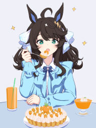 Rule 34 | 1girl, ahoge, animal ears, black hair, cake, carrot, casual, commentary request, daring tact (umamusume), desert, eating, food, hair ornament, highres, horse ears, horse girl, juice, kashmir 0808, looking at viewer, medium hair, open mouth, portrait, simple background, solo, sparkle, spoon, table, umamusume, white background