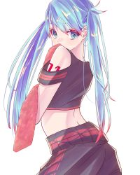 1girl, absurdres, bangs, bare shoulders, black pants, black shirt, blue eyes, blue hair, colored eyelashes, colored tips, crop top, ezaki hiyori, from behind, hatsune miku, highres, long hair, looking at viewer, looking back, pants, red eyelashes, shirt, skirt, solo, twintails, very long hair, vocaloid, white background
