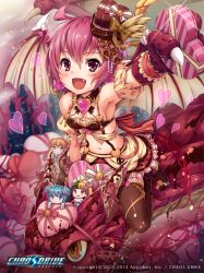 Rule 34 | 1girl, :d, armpits, bare shoulders, blush, breasts, brown thighhighs, chaos drive, character doll, chocolate, dragon, dragon girl, dragon wings, fang, flower, frilled skirt, frills, gift, hair flower, hair ornament, hat, heart, looking at viewer, mini hat, mini top hat, official art, open mouth, original, purple eyes, purple hair, ribbon, riding, sakiyamama, short hair, skirt, small breasts, smile, solo focus, straddling, thighhighs, top hat, valentine, wings