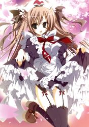 Rule 34 | 1girl, :d, absurdres, black thighhighs, brown hair, cherry blossoms, clothes lift, dress, frilled dress, frills, garter belt, green eyes, hat, highres, inugami kira, lace, lace-trimmed legwear, lace trim, maid, nurse cap, open mouth, skirt, skirt lift, smile, thighhighs, twintails
