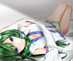 Rule 34 | 1girl, bare shoulders, blue eyes, blush, breasts, cleavage, detached sleeves, frog hair ornament, green hair, green panties, hair ornament, hair tubes, kochiya sanae, large breasts, long hair, lying, navel, no pants, on back, on bed, open mouth, panties, santarou, snake hair ornament, solo, touhou, underwear, vest, white vest