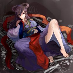 Rule 34 | 1girl, bad id, bad pixiv id, barefoot, breasts, brown hair, feet, highres, izanami (p&amp;d), japanese clothes, jewelry, kachina, kimono, lying, necklace, on back, purple eyes, puzzle &amp; dragons, solo, spread legs
