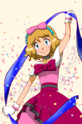 Rule 34 | 1girl, arm up, armpits, blue eyes, blue ribbon, blush, bow, brown hair, choker, closed mouth, commentary request, confetti, creatures (company), eyelashes, game freak, gloves, highres, holding, holding ribbon, nintendo, pink bow, pokemon, pokemon (anime), pokemon xy (anime), ribbon, serena (pokemon), short sleeves, smile, solo, tomo., white gloves