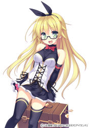 Rule 34 | 1girl, :d, bare shoulders, black thighhighs, blonde hair, blush, bow, bowtie, breasts, copyright name, daibouken! yukeyuke osawari island, elbow gloves, glasses, gloves, green eyes, heart, holding, holding behind back, long hair, ochinsama, open mouth, original, red bow, red bowtie, semi-rimless eyewear, simple background, skin tight, smile, solo, suitcase, thighhighs, venus symbol, white background