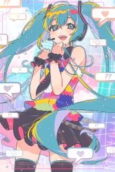 Rule 34 | !, !!, +++, 1girl, ?, ??, absurdres, aqua eyes, aqua hair, aqua nails, bare arms, black necktie, black scrunchie, black skirt, black thighhighs, colorful, cowboy shot, emoji, grid background, hair ornament, hands up, hatsune miku, heart, highres, holding own hair, light blush, lips, looking at viewer, miniskirt, multicolored shirt, necktie, open mouth, pleated skirt, sakuhana87, scrunchie, shirt, skirt, sleeveless, sleeveless shirt, smile, smiley face, solo, speech bubble, standing, tell your world (vocaloid), thighhighs, virtual reality, vocaloid