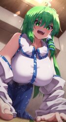 Rule 34 | 1girl, absurdres, blush, breasts, detached sleeves, frog, frog hair ornament, giant, giantess, green eyes, green hair, hair ornament, hair tubes, heart, heart-shaped pupils, highres, indoors, kochiya sanae, large breasts, long hair, open mouth, skirt, smile, snake, snake hair ornament, solo, symbol-shaped pupils, tatami, touhou, yosshy