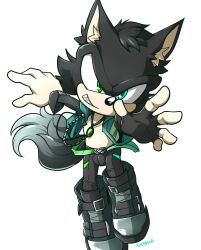 Rule 34 | 1boy, animal ears, black footwear, black gloves, cat ears, character request, full body, gloves, green eyes, green jacket, heterochromia, highres, jacket, jewelry, kuroshinki, looking at viewer, male focus, necklace, open clothes, open jacket, original, reaching, reaching towards viewer, shoe strap, shoes, signature, single glove, smile, solo, sonic (series), tail, teeth, transparent background