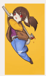 Rule 34 | 1girl, arms up, belt, blood, bloody weapon, blue pants, body fur, border, brown footwear, brown hair, brown jacket, denim, female focus, full body, furry, furry female, grey border, hair tie, holding industrial pipe, jacket, jeans, jumping, knees together feet apart, leg up, long hair, long sleeves, looking at viewer, midriff peek, open clothes, open jacket, open mouth, original, outside border, pants, pocket, ponytail, purple shirt, rabbit ears, rabbit girl, rabbit tail, raglan sleeves, red eyes, shirt, shoes, simple background, solo, torn clothes, torn pants, uyu (soda uyu), weapon, white fur, yellow background, yellow sleeves
