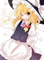 Rule 34 | 1girl, ;d, arms behind back, blonde hair, bow, braid, catchphrase, hat, hat bow, kirisame marisa, mayo (mayomr29), one eye closed, open mouth, side braid, smile, solo, star (symbol), touhou, witch hat, yellow eyes