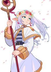Rule 34 | 1girl, absurdres, belt, belt buckle, blush, buckle, capelet, dress, earrings, elf, flat chest, flower wreath, frieren, gem, green eyes, grey hair, highres, holding, holding staff, jewelry, kevin hong, long hair, long sleeves, looking to the side, mage staff, parted bangs, petals, pointy ears, red gemstone, shirt, simple background, solo, sousou no frieren, staff, striped clothes, striped shirt, twintails, white background, white capelet, white dress, wide sleeves, yellow trim