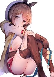 Rule 34 | 1girl, absurdres, atelier (series), atelier ryza, atelier ryza 1, belt, blush, boots, breasts, brown eyes, brown gloves, brown hair, brown thighhighs, closed mouth, clover hair ornament, flask, full body, gloves, hair between eyes, hair ornament, hairclip, hat, head tilt, highres, holding own arm, jewelry, looking at viewer, red shorts, reisalin stout, shirt, short hair, short shorts, shorts, sidelocks, simple background, sitting, skindentation, smile, solo, thigh boots, thighhighs, thighs, vest, white hat, white shirt, yukarite