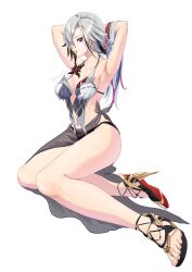 Rule 34 | 1girl, adapted costume, arlecchino (genshin impact), armpits, arms behind head, arms up, bare legs, bare shoulders, bikini, black hair, breasts, collarbone, commentary request, genshin impact, grey hair, hair tie in mouth, high heel sandals, high heels, highres, medium breasts, mouth hold, multicolored hair, navel, sandals, sarong, simple background, solo, streaked hair, swimsuit, thighs, wagashi425, white background