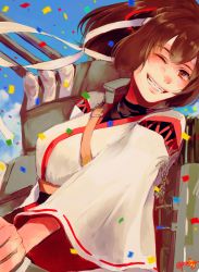 Rule 34 | 1girl, blush, brown eyes, brown hair, cannon, commentary request, confetti, day, hachimaki, hair ribbon, headband, ise (kancolle), ise kai ni (kancolle), kantai collection, kuchinashi (rapido), looking at viewer, nontraditional miko, one eye closed, ponytail, ribbon, short hair, sky, smile, solo, turret, twitter username, undershirt