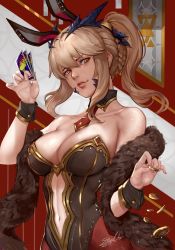 Rule 34 | 1girl, \||/, animal ears, artoria pendragon (fate), artoria pendragon (lancer) (fate), artoria pendragon (lancer alter) (fate), bare shoulders, between breasts, blonde hair, braid, breasts, brown hair, cleavage, coin, collarbone, commentary, cowboy shot, detached collar, english commentary, fake animal ears, fate/grand order, fate (series), fishnet pantyhose, fishnets, fur scarf, gold trim, hair between eyes, hair ornament, high ponytail, highleg, highleg leotard, highres, holding, horns, large breasts, leotard, light particles, lipgloss, lips, looking at viewer, nail polish, navel, necktie, necktie between breasts, nose, orange eyes, pantyhose, parted lips, pink nails, playboy bunny, red lips, red pantyhose, scales, sherylnome, sidelocks, signature, solo, strapless, strapless leotard, wrist cuffs