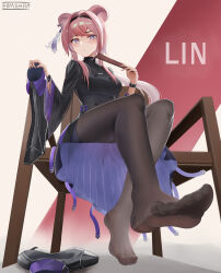 Rule 34 | 1girl, absurdres, animal ears, arknights, bm (bm364364), boots, unworn boots, chair, feet, foreshortening, hairband, highres, holding, holding shoes, light blush, lin (arknights), long hair, looking at viewer, pantyhose, pink hair, purple eyes, shoes, unworn shoes, sitting, soles
